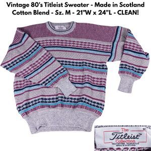 Vintage 80s Titleist Sweater Scotland Knit Medium Cotton Golf Striped Jumper